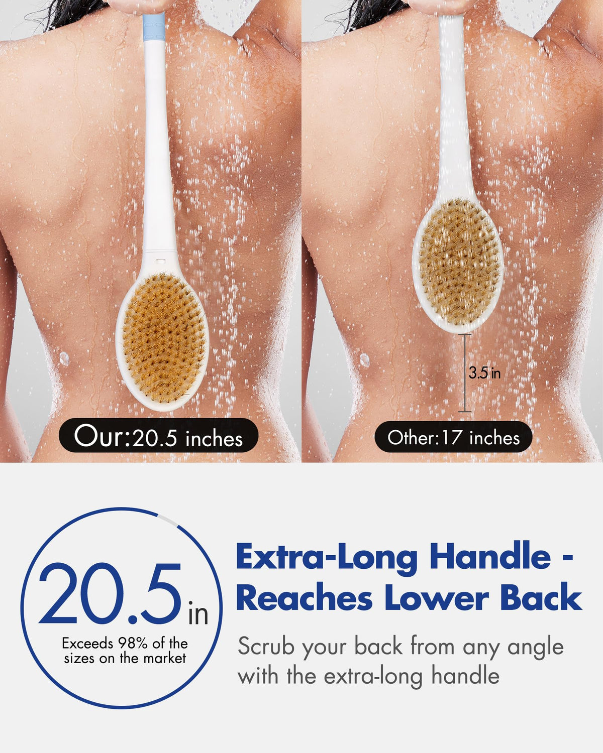 Rafow Back Scrubber Body Shower Brush showing stiff and soft bristles