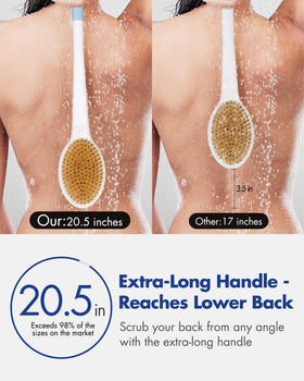 Rafow Back Scrubber Body Shower Brush showing stiff and soft bristles
