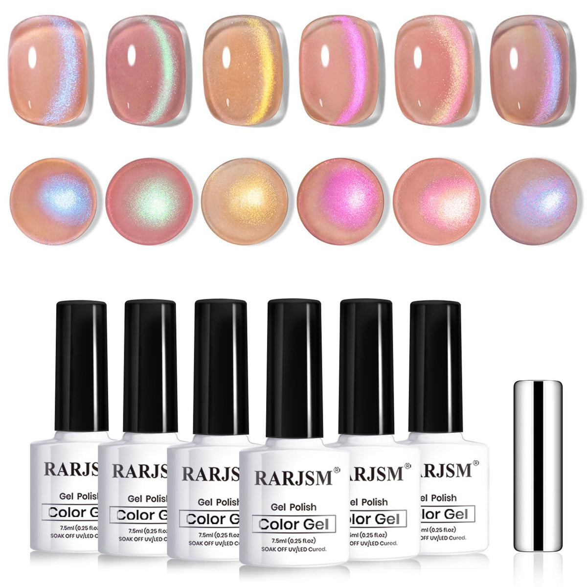 RARJSM Aurora Glitter Cat Eye Gel Nail Polish Set 6 bottles front view