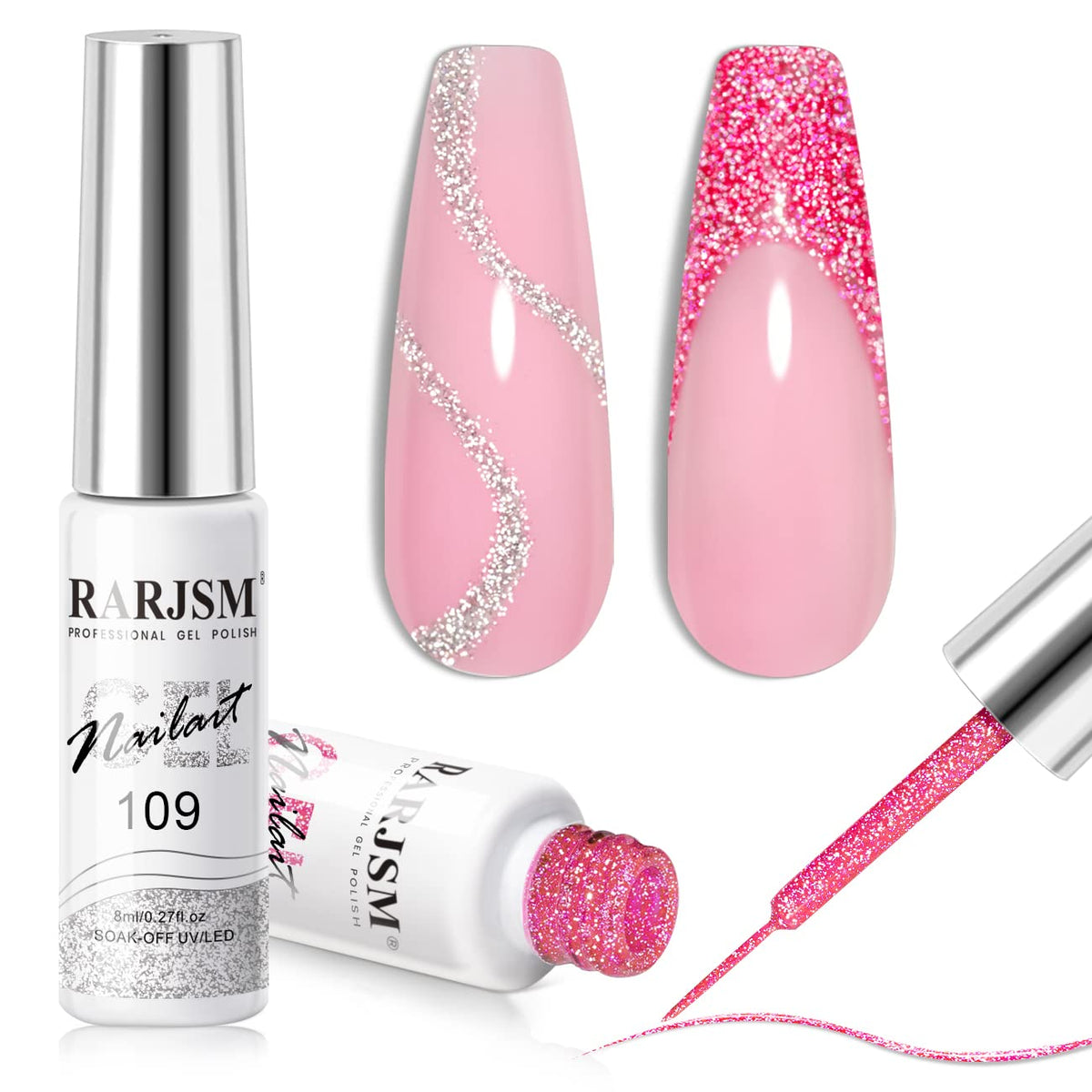 RARJSM Gel Liner Nail Art Set 2PCS with silver and hot pink glitter