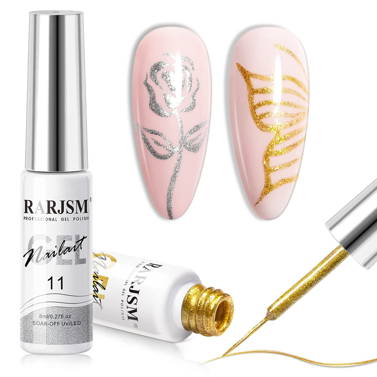 RARJSM Gel Liner Nail Art Set with silver and gold glitter bottles