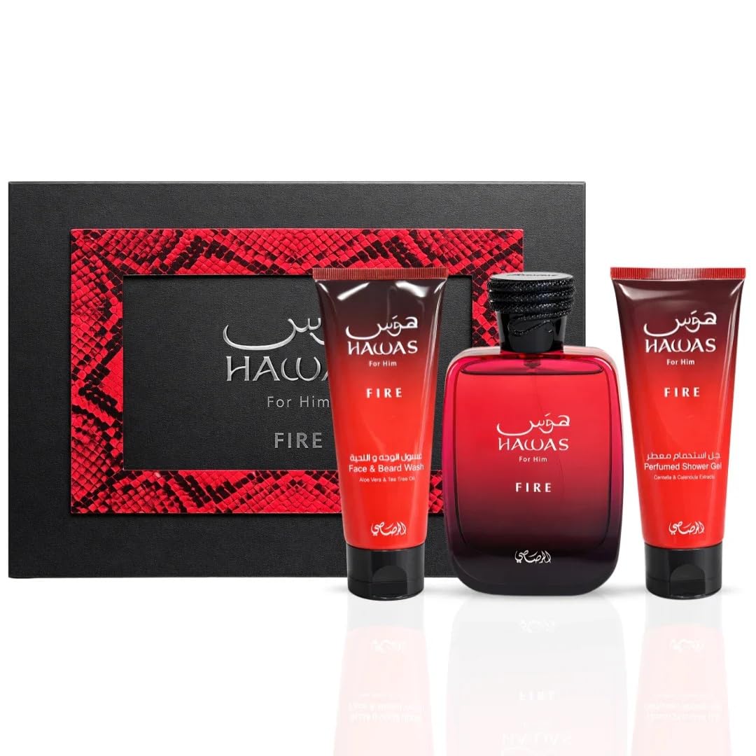 RASASI Hawas Fire 3-piece gift set including Eau de Parfum, face wash, and shower gel