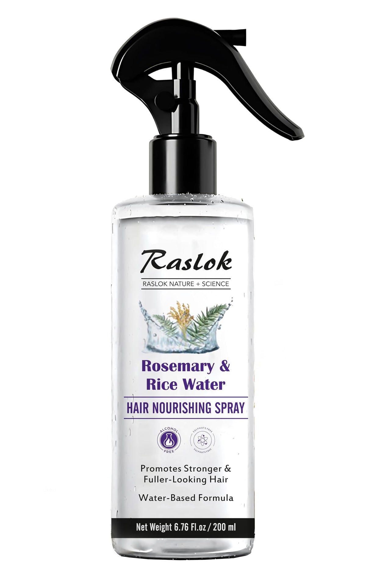 Raslok Rosemary & Rice Water Hair Spray bottle side view