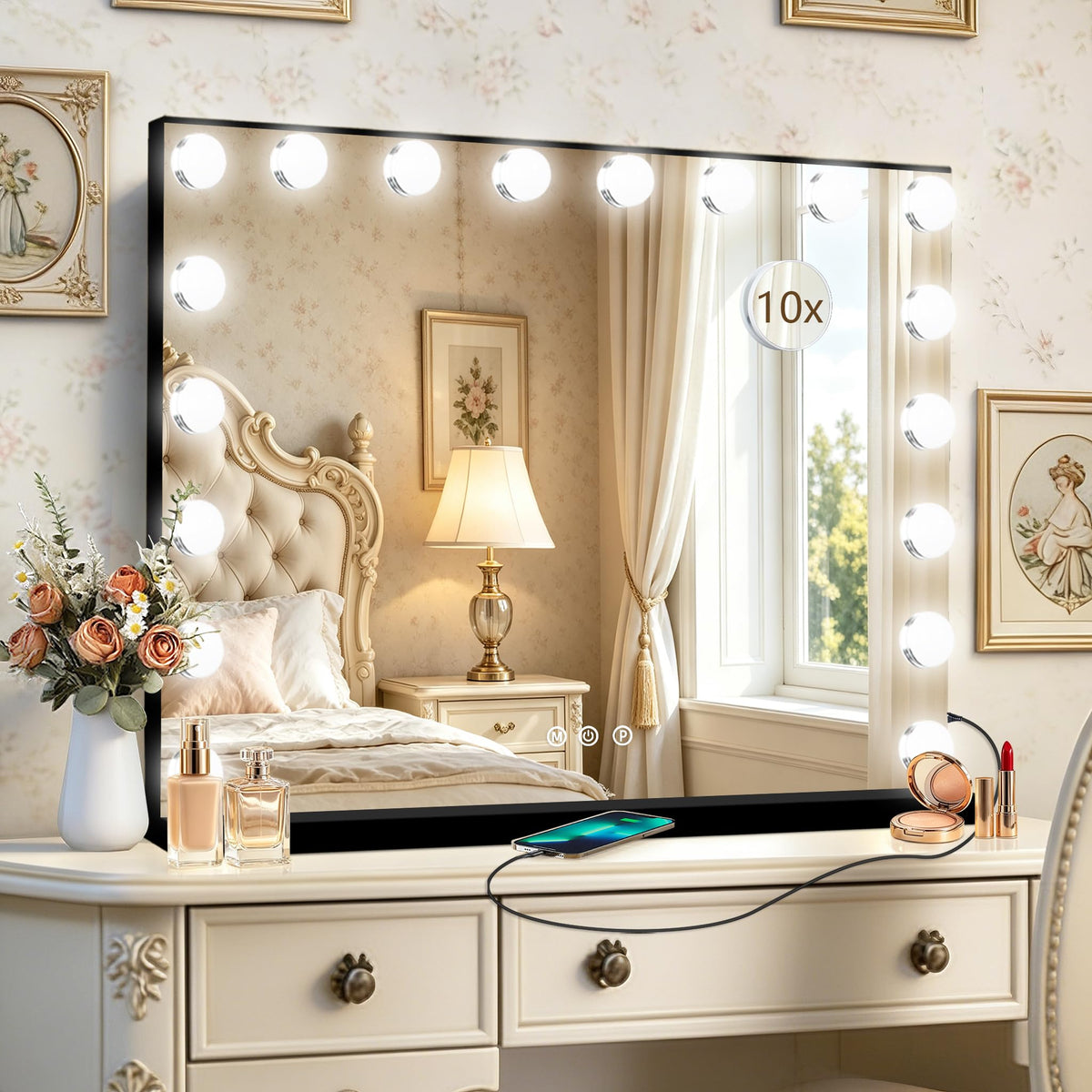 Ratsamee Black Hollywood Vanity Mirror front view with lights