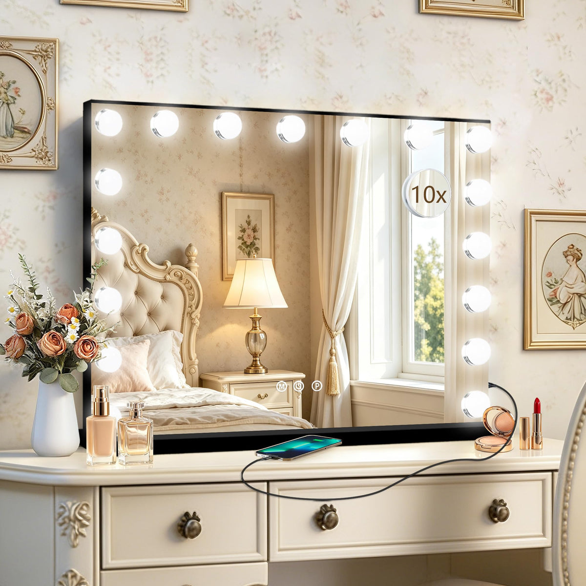 Ratsamee Black Hollywood Vanity Mirror front view with lights