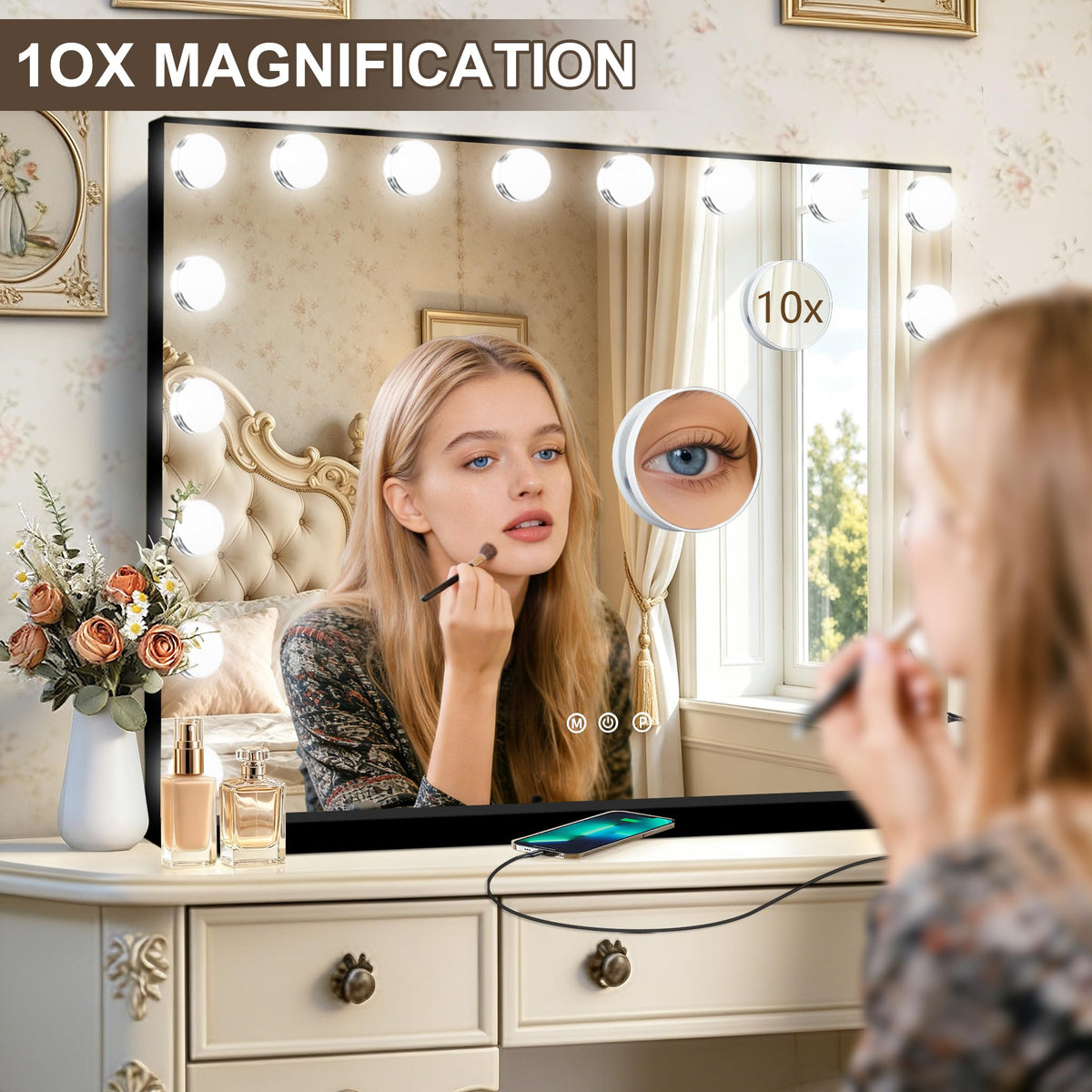 Ratsamee Black Hollywood Vanity Mirror illuminated with warm light