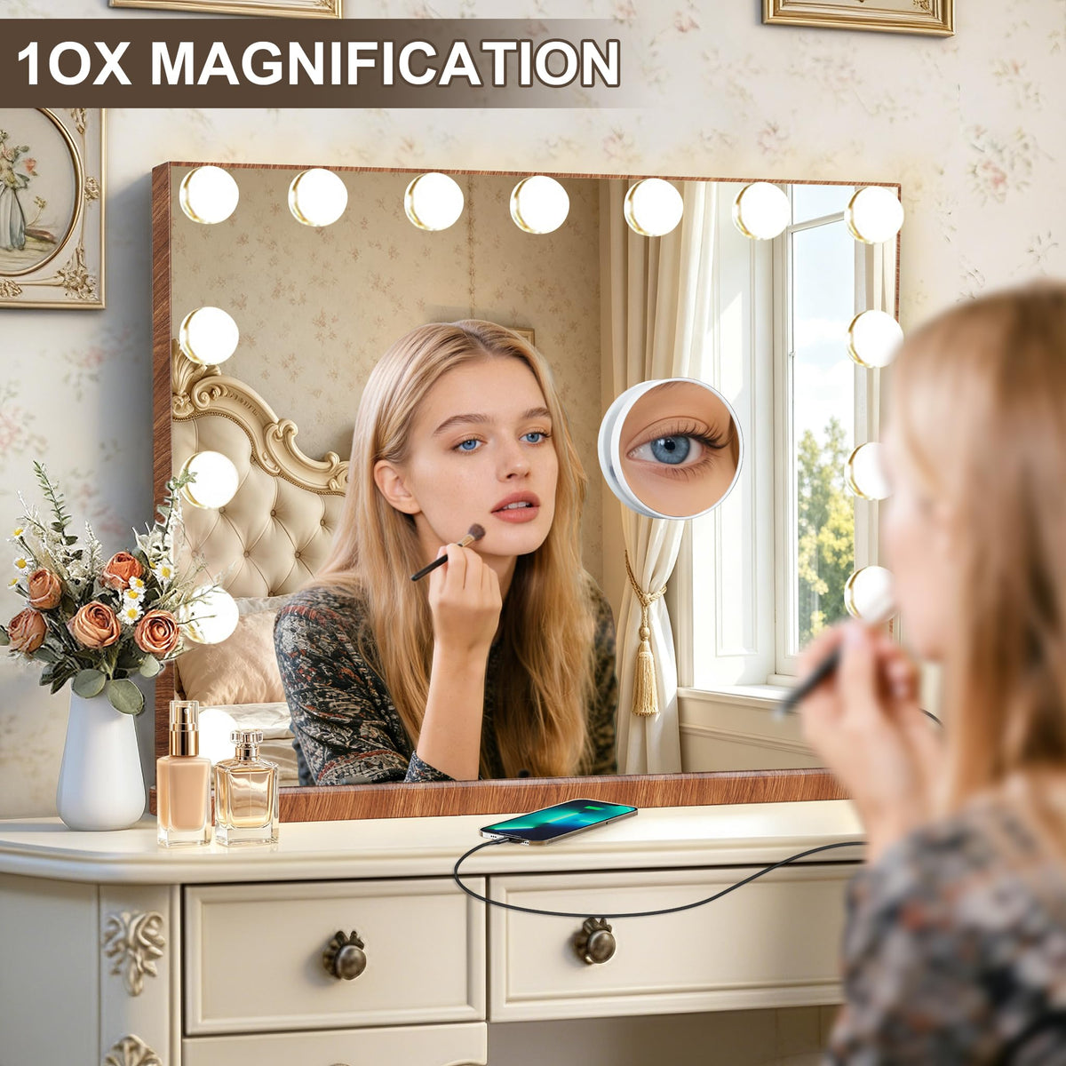 Ratsamee Hollywood Vanity Mirror elegantly placed on makeup desk