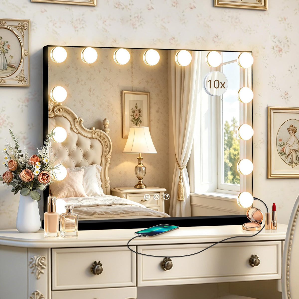 Ratsamee Hollywood Vanity Mirror front view with 15 dimmable bulbs