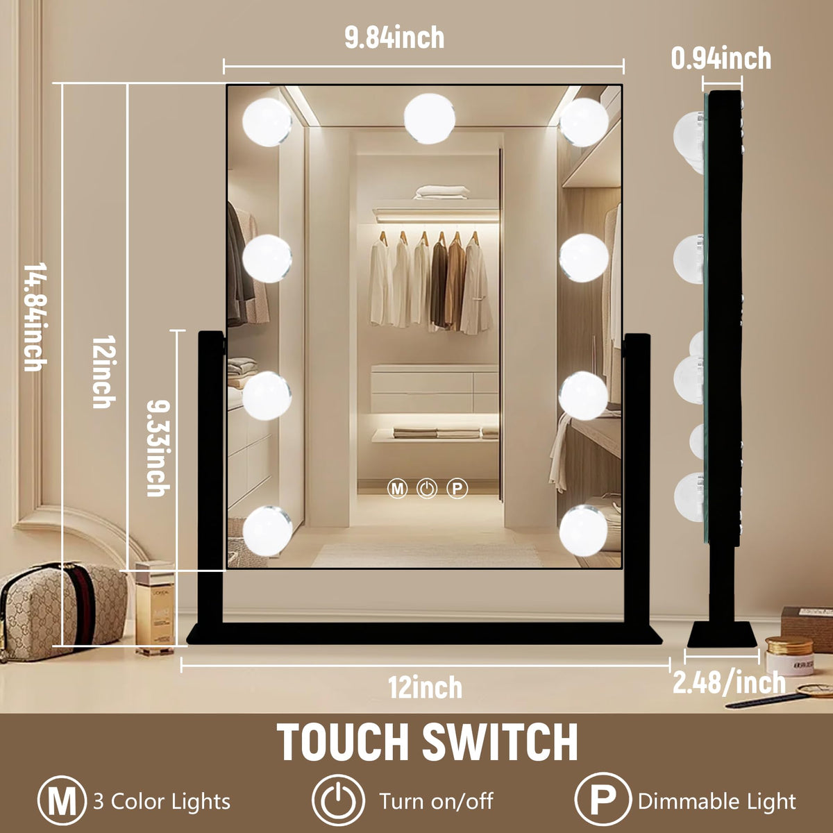 Ratsamee Makeup Mirror with touch control and adjustable brightness