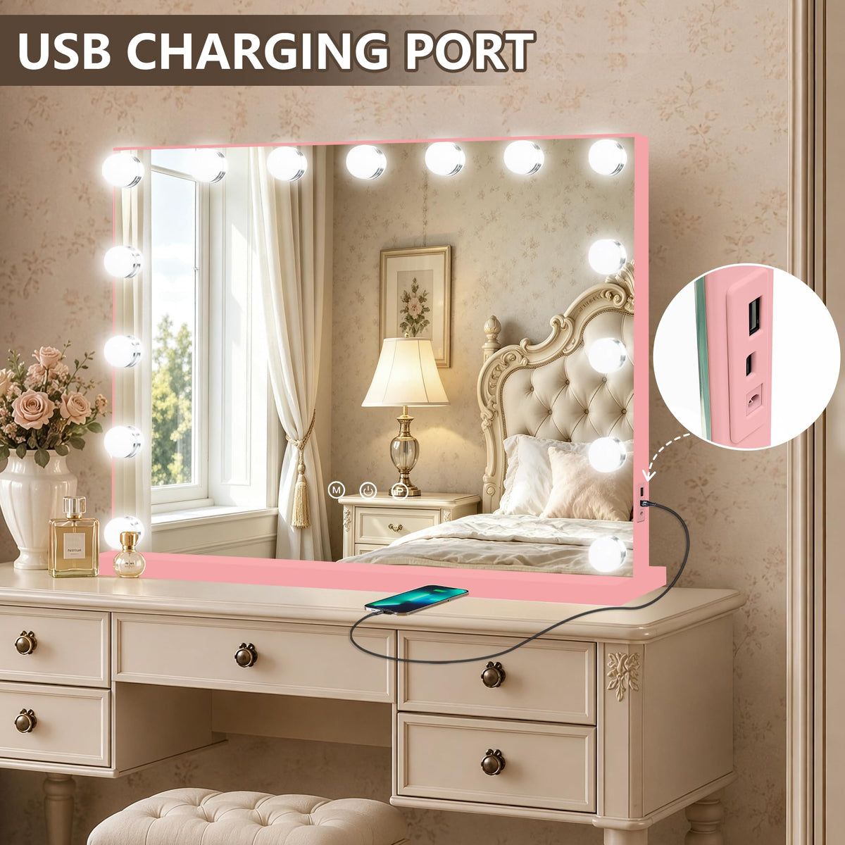 Ratsamee Pink Hollywood Vanity Mirror displaying cool light setting