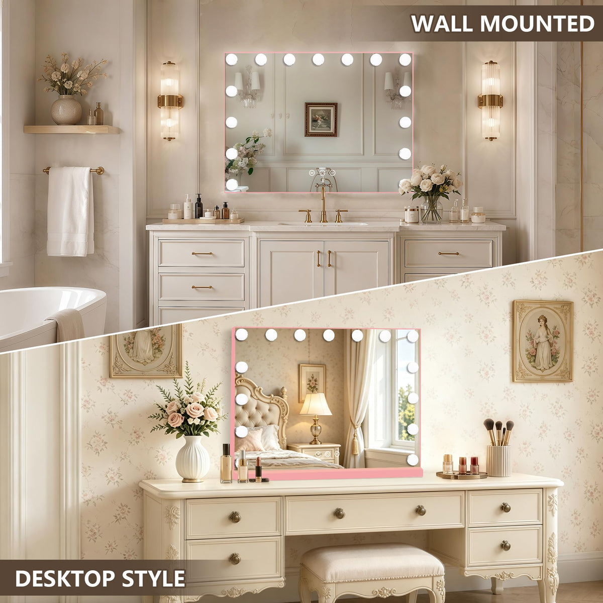 Ratsamee Pink Hollywood Vanity Mirror displaying warm light setting