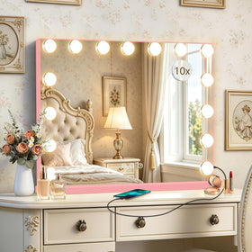 Ratsamee Pink Hollywood Vanity Mirror front view with 15 dimmable bulbs