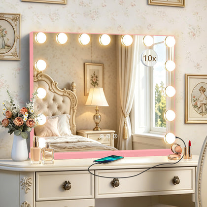 Ratsamee Pink Hollywood Vanity Mirror front view with 15 dimmable bulbs