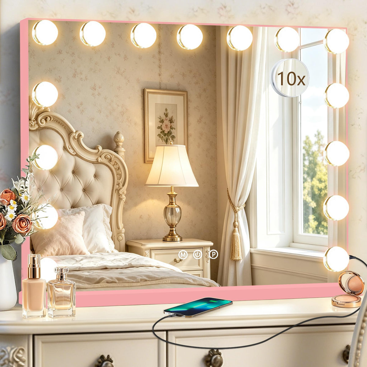 Ratsamee Pink Hollywood Vanity Mirror showing memory function feature