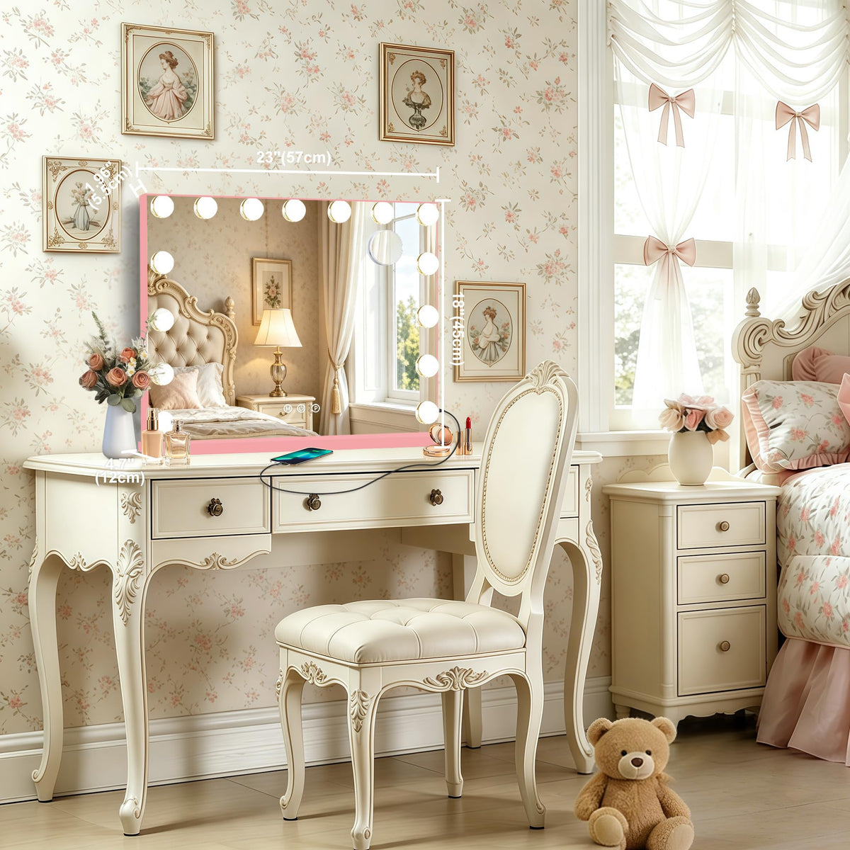 Ratsamee Pink Hollywood Vanity Mirror side view showing USB charging port