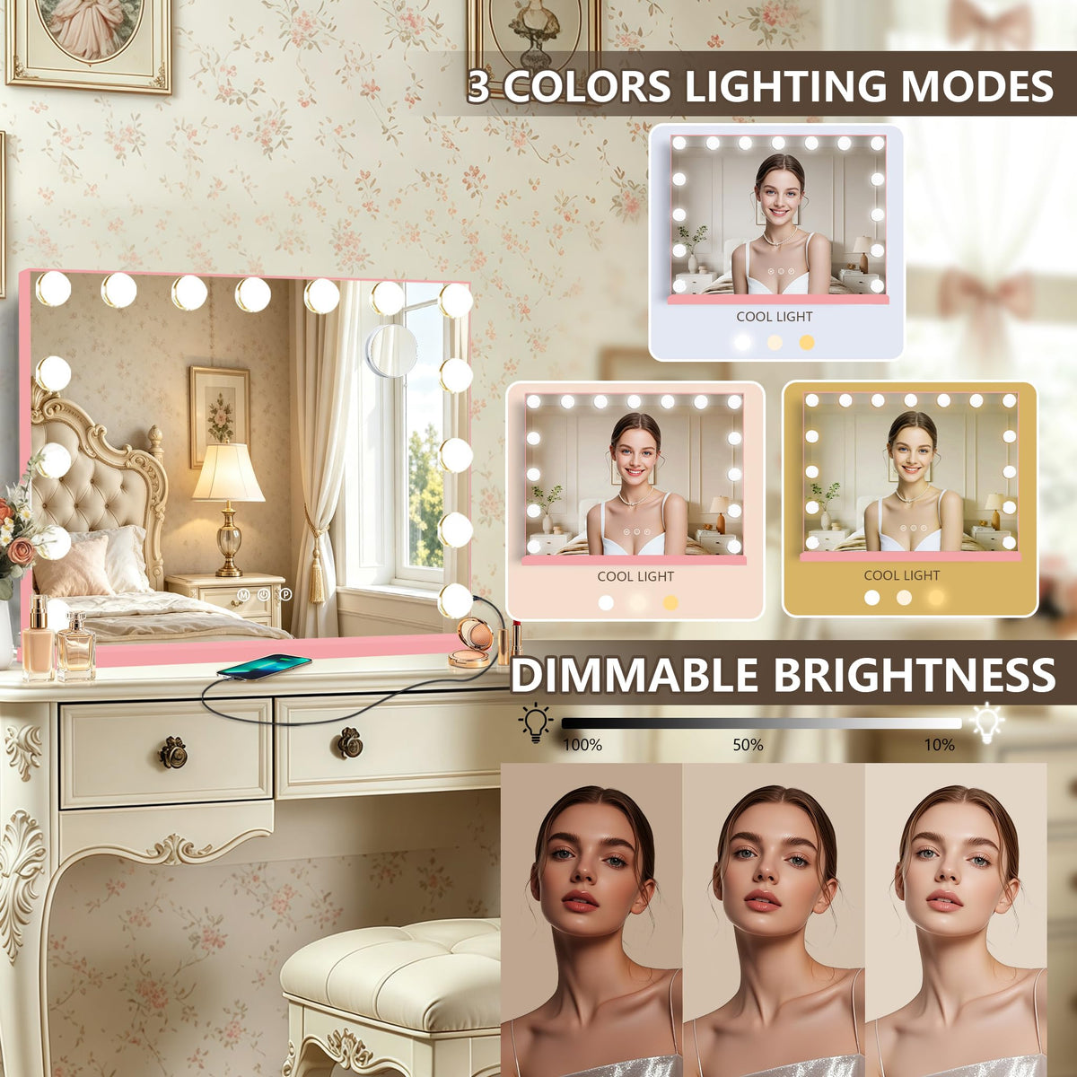 Ratsamee Pink Hollywood Vanity Mirror with detachable 10X magnifying mirror