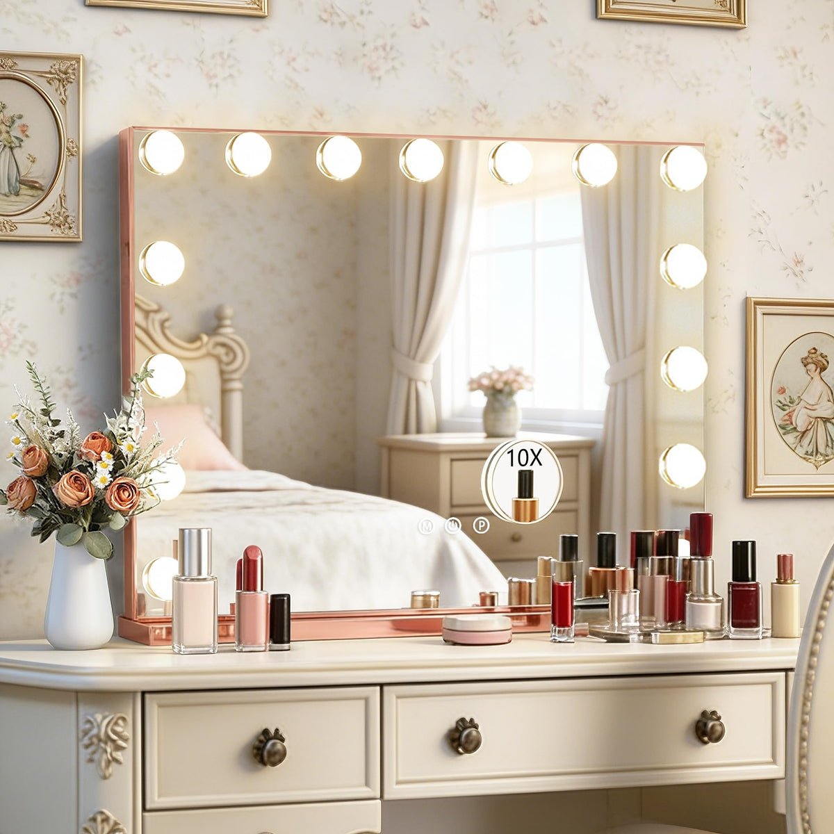 Ratsamee Rose Gold Hollywood Vanity Mirror front view with lights