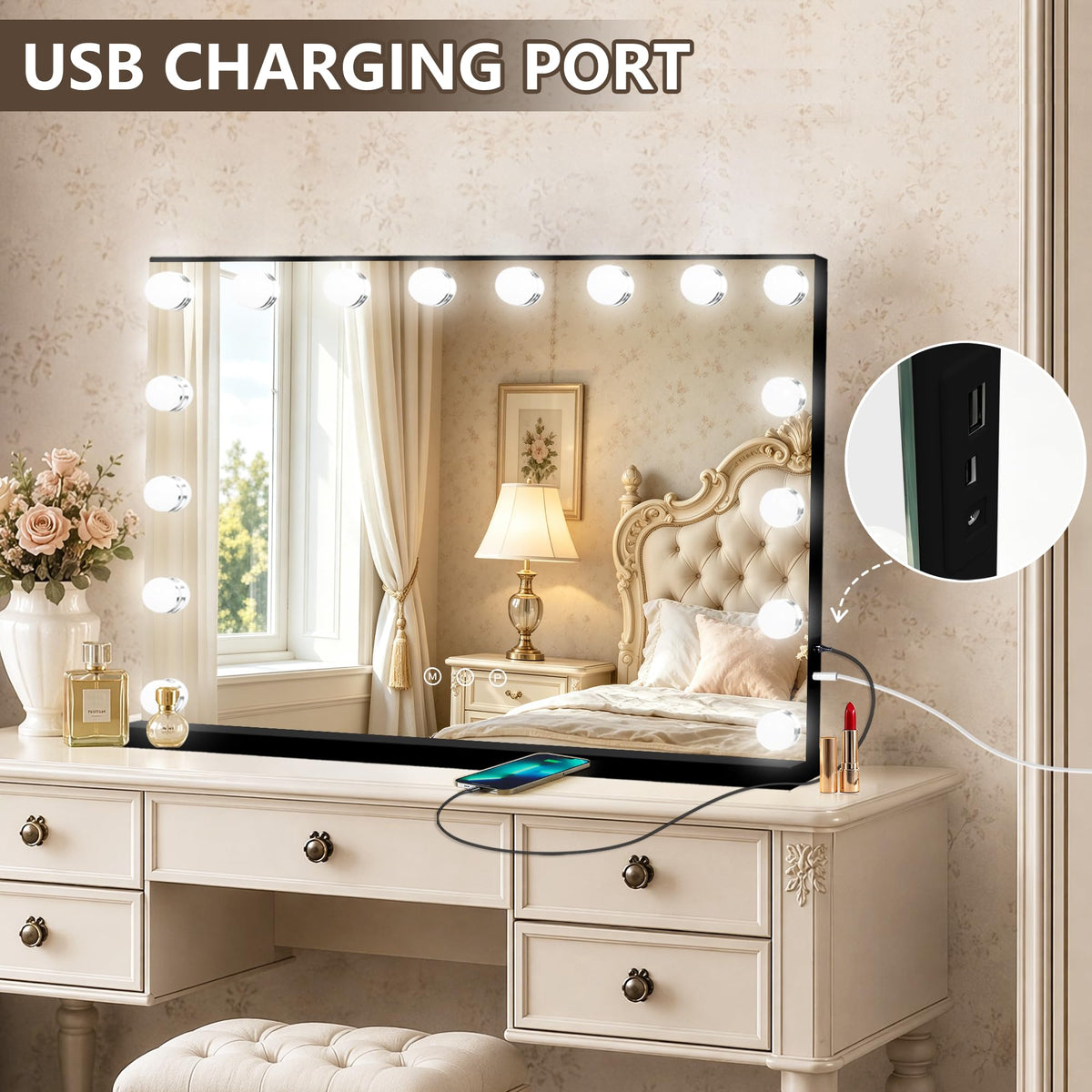 Ratsamee Vanity Mirror on a makeup desk with cosmetics