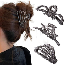 RAUIMOUR 3PCS Black Spider Web Skeleton Hand Hair Clips front view