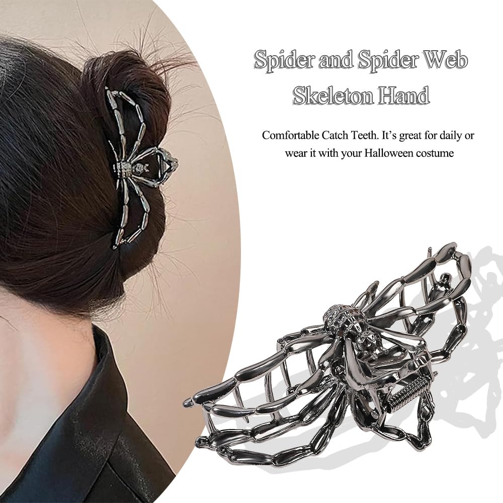 RAUIMOUR 3PCS Black Spider Web Skeleton Hand Hair Clips side view