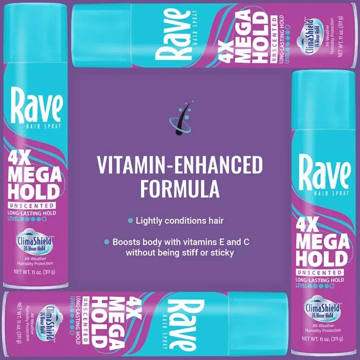 Rave 4X Mega Unscented Hairspray close-up of aerosol spray