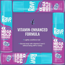 Rave 4X Mega Unscented Hairspray close-up of aerosol spray