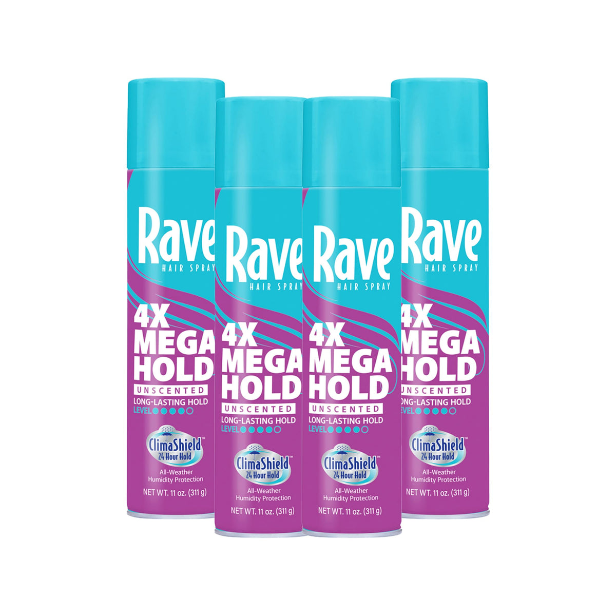 Rave 4X Mega Unscented Hairspray front view with aerosol nozzle