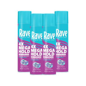 Rave 4X Mega Unscented Hairspray front view with aerosol nozzle