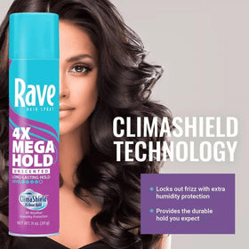 Rave 4X Mega Unscented Hairspray in use on styled hair