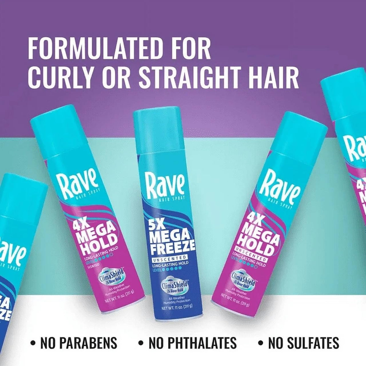 Rave 4X Mega Unscented Hairspray showing product dimensions
