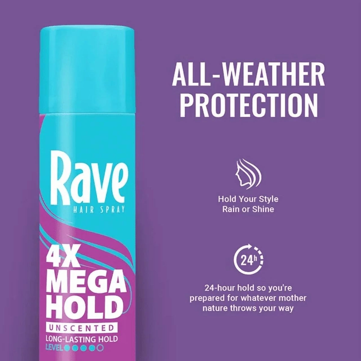 Rave 4X Mega Unscented Hairspray side view showing packaging details