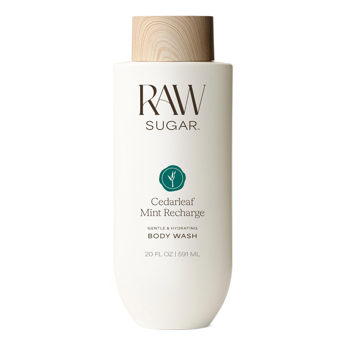 RAW SUGAR Cedarleaf Mint Recharge Body Wash 20 Fl Oz front view with packaging