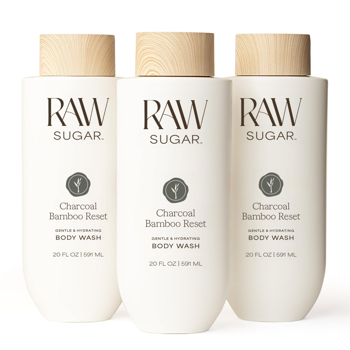 RAW SUGAR Charcoal Bamboo Reset Body Wash front view, pack of 3