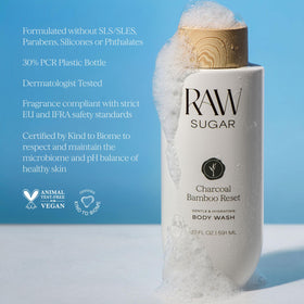 RAW SUGAR Charcoal Bamboo Reset Body Wash in a bathroom setting