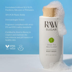 RAW SUGAR Green Tea Aloe Soother Body Wash lifestyle scene in bathroom