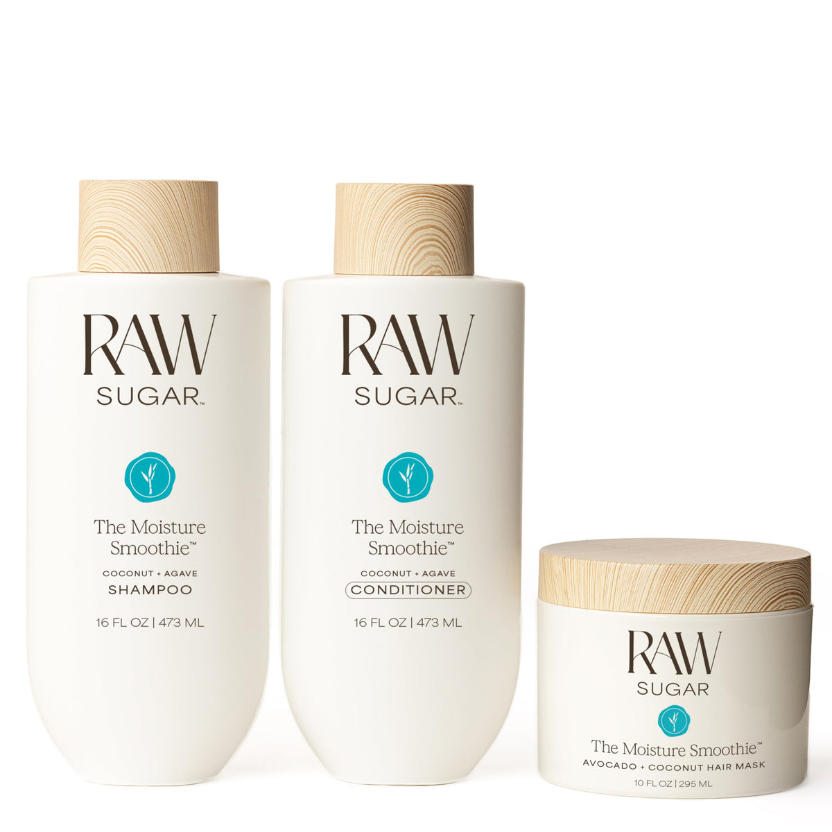 RAW SUGAR Moisture Smoothie Bundle front view with shampoo, conditioner, and hair mask