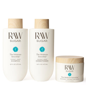RAW SUGAR Moisture Smoothie Bundle front view with shampoo, conditioner, and hair mask