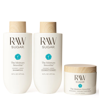 RAW SUGAR Moisture Smoothie Bundle front view with shampoo, conditioner, and hair mask