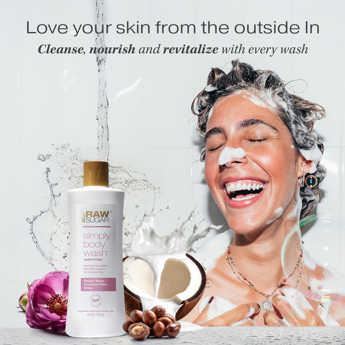 RAW SUGAR Simply Body Wash Beach Rose + Coconut Milk + Shea lathering on skin