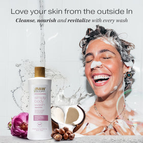 RAW SUGAR Simply Body Wash Beach Rose + Coconut Milk + Shea lathering on skin