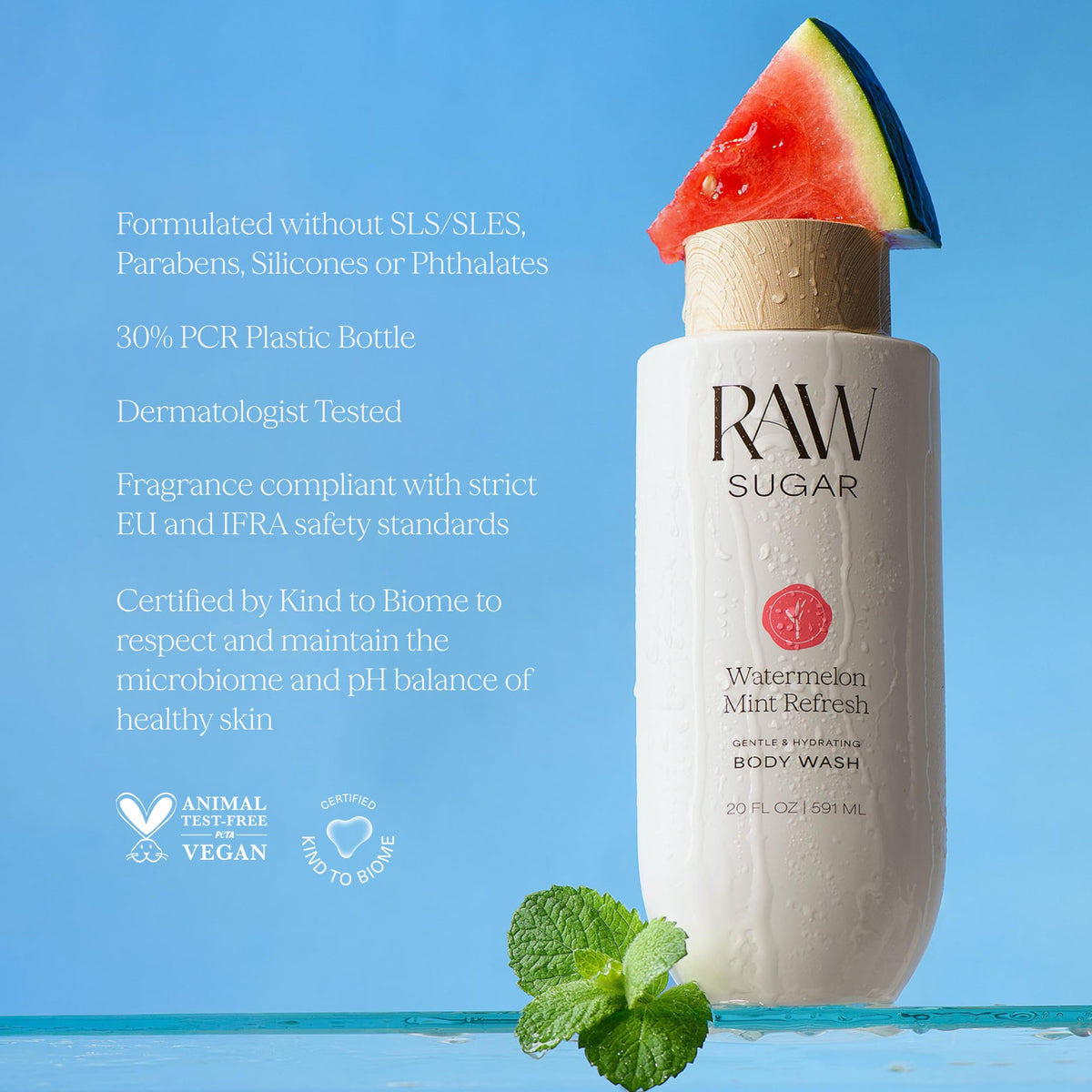 RAW SUGAR Watermelon Mint Refresh Body Wash with ingredients display
