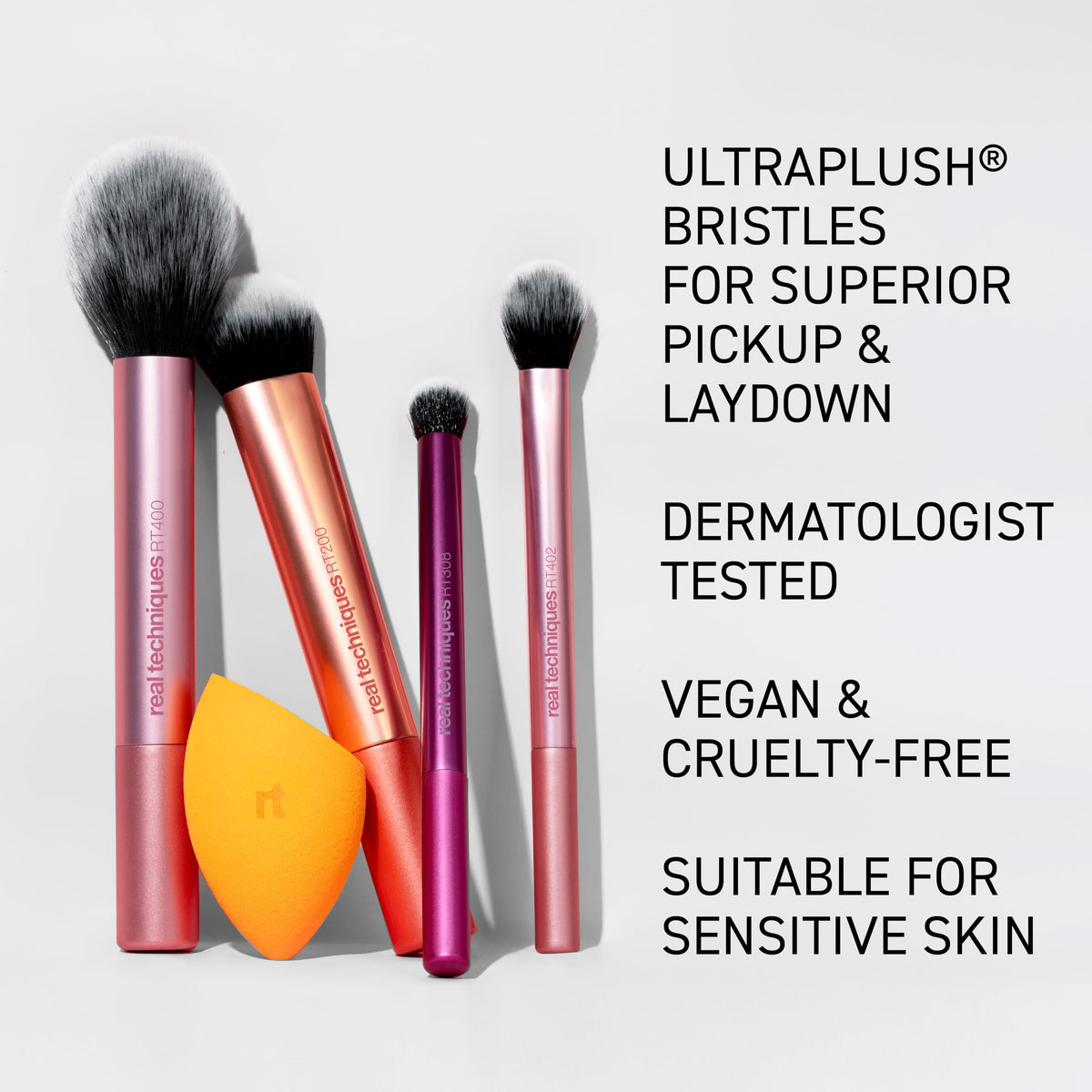 Real Techniques brushes laid out on a vanity