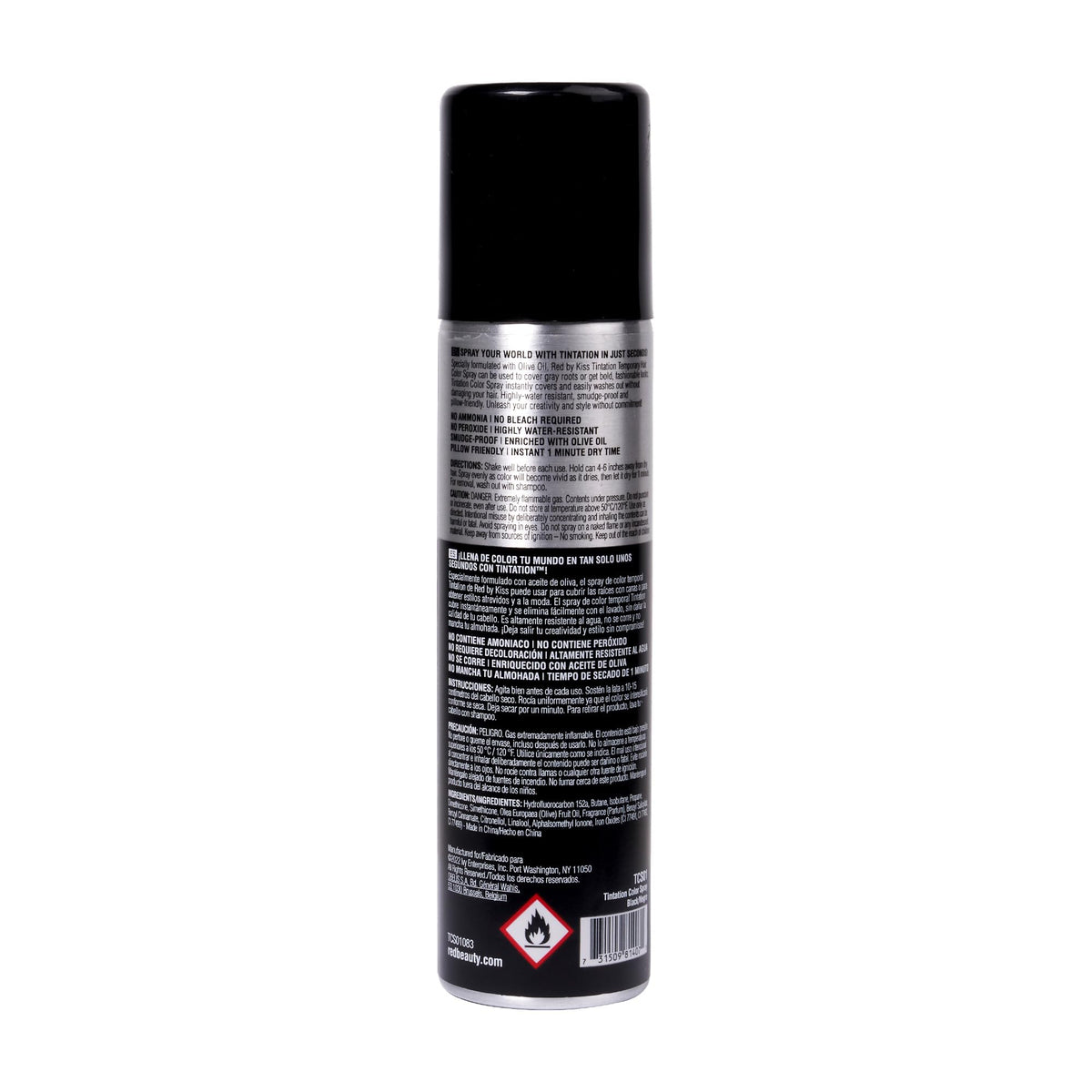 Red by Kiss Tintation Temporary Hair Color Spray on a vanity with hair tools