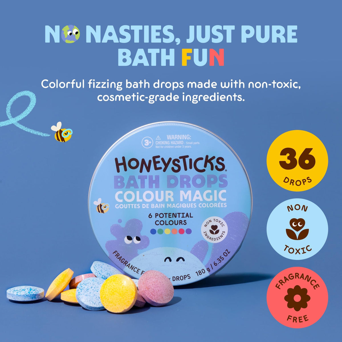Red, Yellow, and Blue Honeysticks Bath Color Tablets