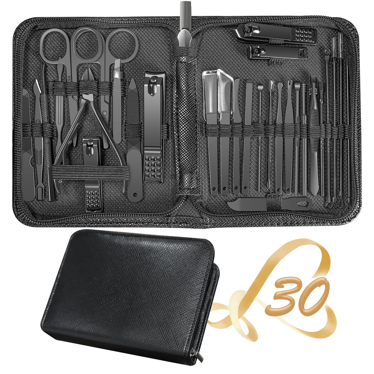 RedFlow 30 in 1 Manicure Set in black leather case