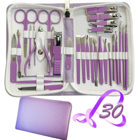 RedFlow 30-piece manicure set in purple leather case, open view