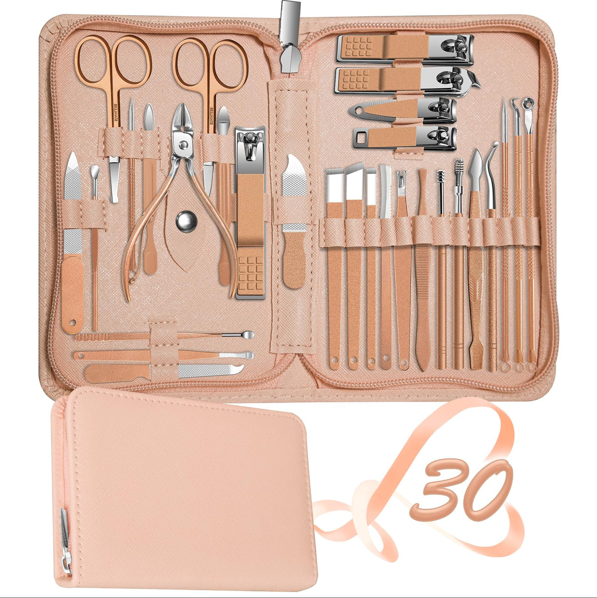 RedFlow 30-Piece Manicure Set in rose gold leather case