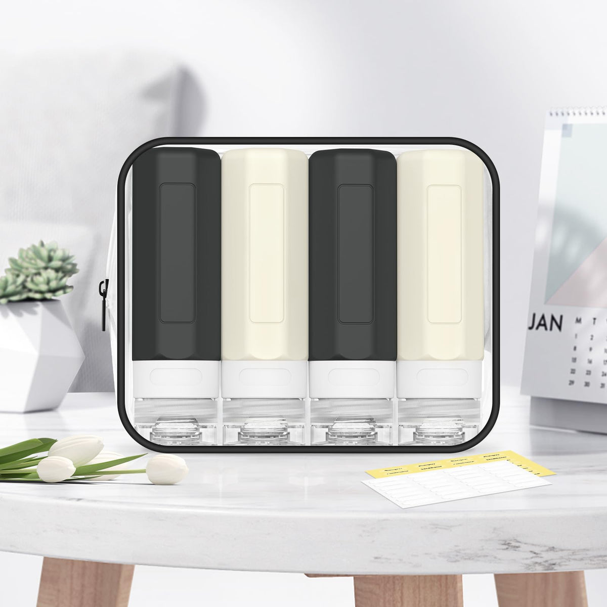 Redfly travel bottles for toiletries in lifestyle setting