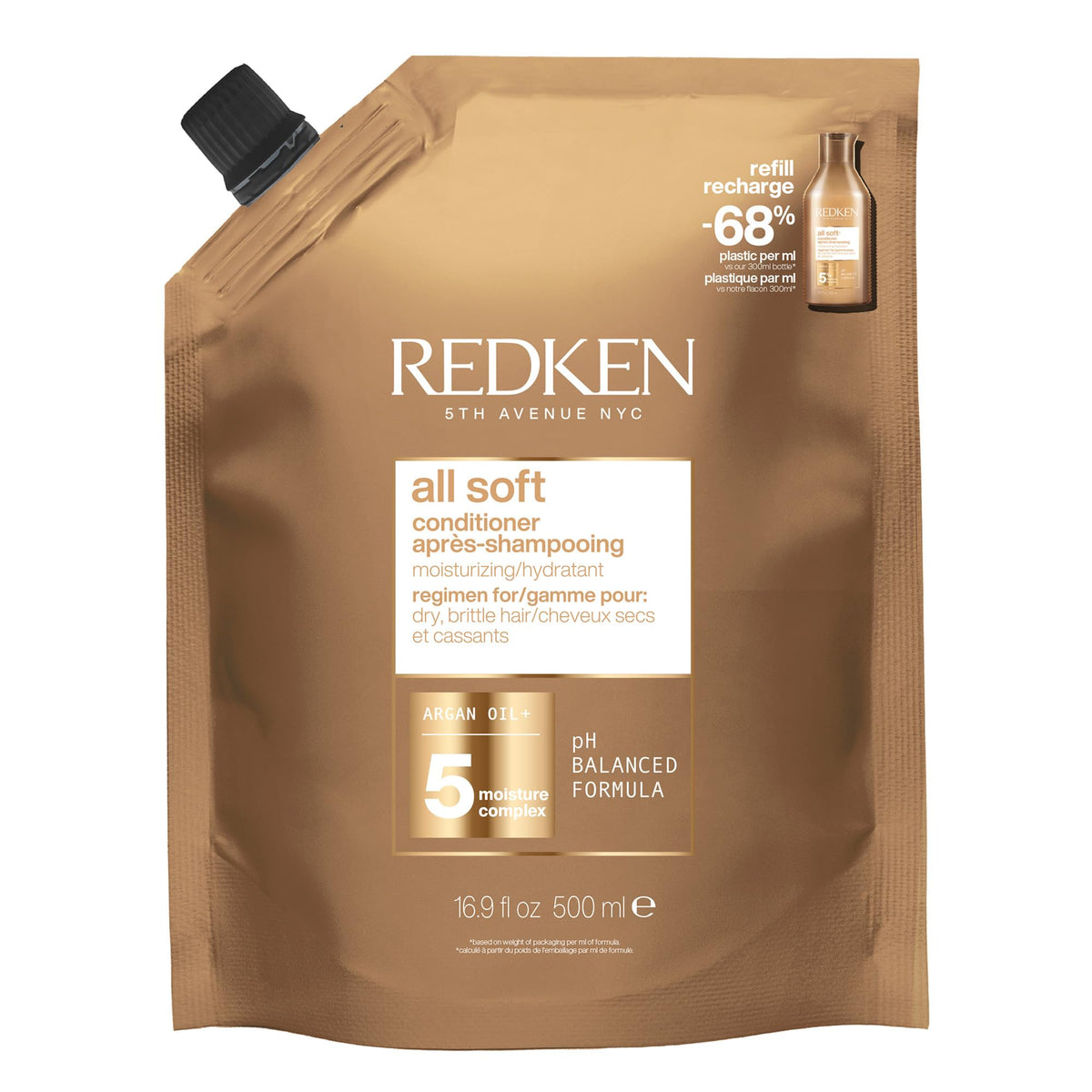 Redken All Soft Conditioner 495g front view with argan oil ingredients