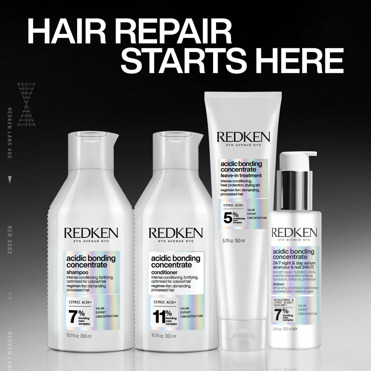 Redken Bonding Conditioner 1 Fl. Oz. on a vanity with hair tools